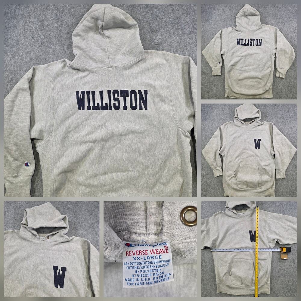 Vintage 90s Champion Reverse Weave Hoodie‎ Mens 2XL Gray Williston College USA
